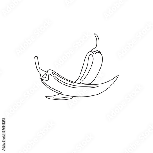 Single continuous line drawing of whole healthy organic hot chili for farm logo identity. Fresh chilli pepper concept for vegetable icon. Modern one line draw design graphic vector illustration