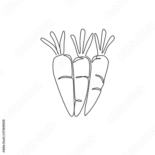One single line drawing whole healthy organic carrots pile for farm logo identity. Fresh biennial plant concept for root vegetable icon. Modern continuous line draw design graphic vector illustration