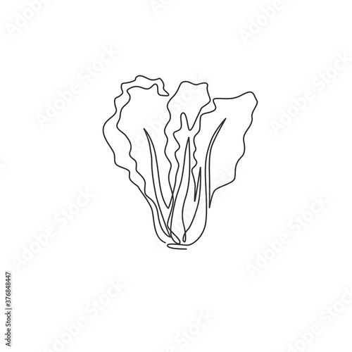 One single line drawing of whole healthy organic mustard green leaves for farm logo identity. Fresh brassica juncea concept for vegetable icon. Modern continuous line draw design vector illustration