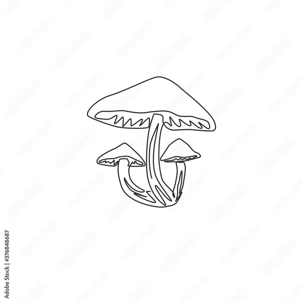 Fototapeta premium One continuous line drawing of whole healthy organic mushrooms for farm logo identity. Fresh toadstool concept for vegetable icon. Modern single line draw graphic design vector illustration