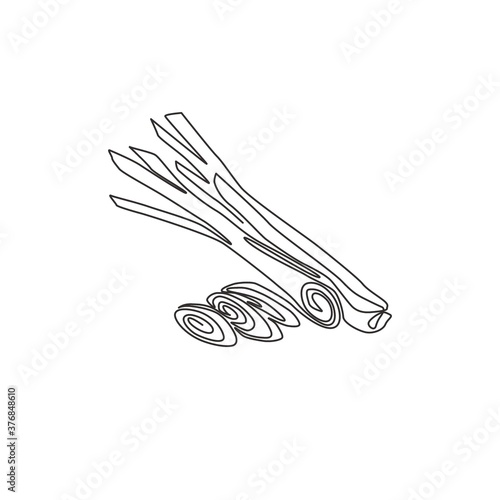 One continuous line drawing of whole and sliced healthy organic lemongrass for farm logo identity. Fresh cymbopogon concept for grass vegetable icon. Modern single line draw design vector illustration