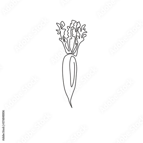 One single line drawing of whole healthy organic white radish for farm logo identity. Fresh Japanese daikon concept for vegetable icon. Modern continuous line draw design vector graphic illustration