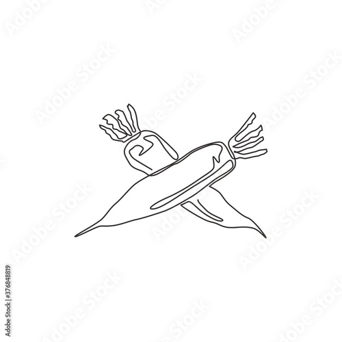 Single continuous line drawing of whole healthy organic white radish for farm logo identity. Fresh Japanese daikon concept for vegetable icon. Modern one line draw design graphic vector illustration