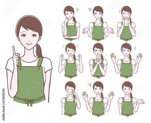 エプロンを着た若い女性のポーズ　セット　イラスト