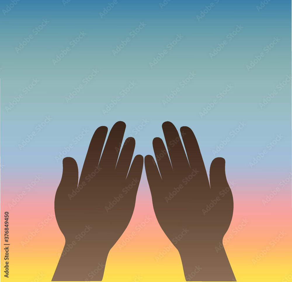 Raising hands for Prayer on dawn sky background. Vector illustration
