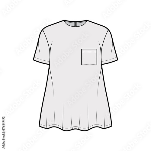 Boyfriend shirt technical fashion illustration with square pocket, crew neck, short sleeves, oversized, flare hem, back zip fastening. Flat template front grey color. Women men unisex top CAD mockup