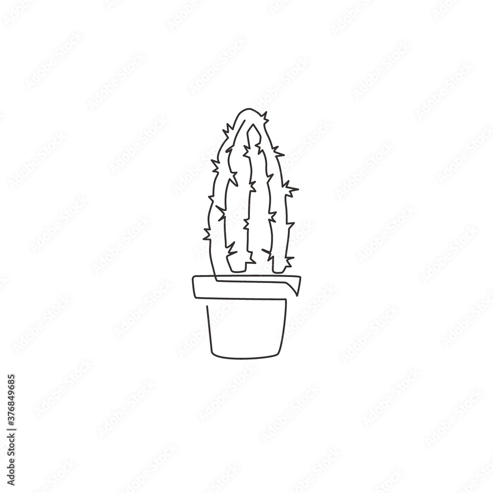 One continuous line drawing cute potted tropical spiny cactus plant. Printable decorative houseplant concept home decor wallpaper ornament. Modern single line draw design graphic vector illustration One continuous line drawing cute potted tropical spiny cactus plant. Printable decorative houseplant concept home decor wallpaper ornament. Modern single line draw design graphic vector illustration