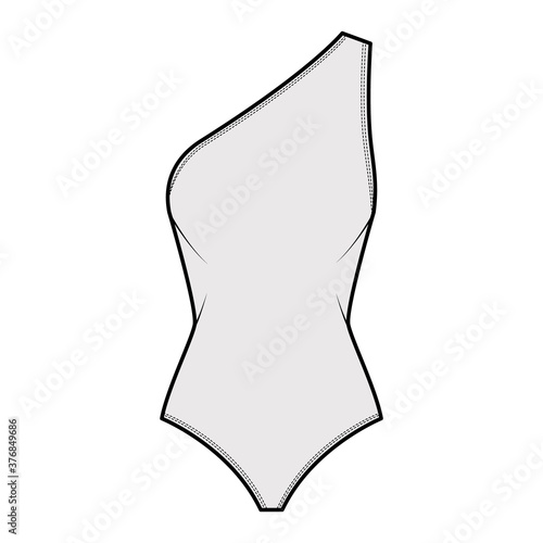 One-shoulder stretch bodysuit technical fashion illustration with open scooped back, medium brief coverage. Flat outwear one-piece apparel template front grey color. Women unisex swimsuit CAD mockup