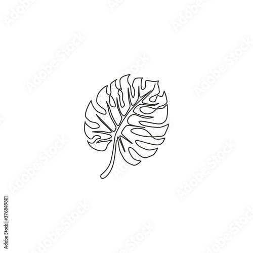 One continuous line drawing exotic beauty tropical leaf monstera plant. Printable decorative houseplant concept for home wall decor ornament. Modern single line draw design graphic vector illustration