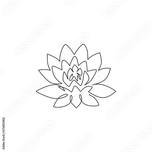 One single line drawing of beauty fresh lotus for spa business logo. Decorative water lily flower concept for home wall decor poster. Modern continuous line draw graphic design vector illustration