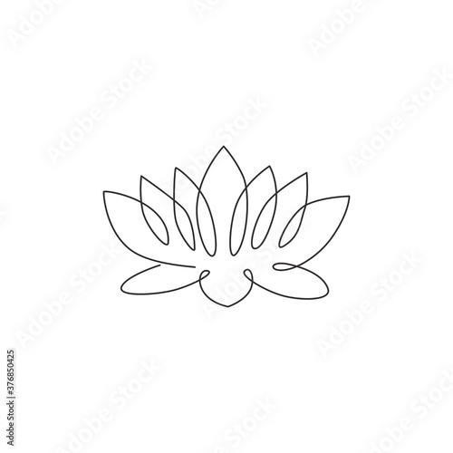 Single continuous line drawing of beauty fresh lotus for salon relaxation therapy business logo. Decorative water lily flower concept for home wall decor. One line draw design vector illustration