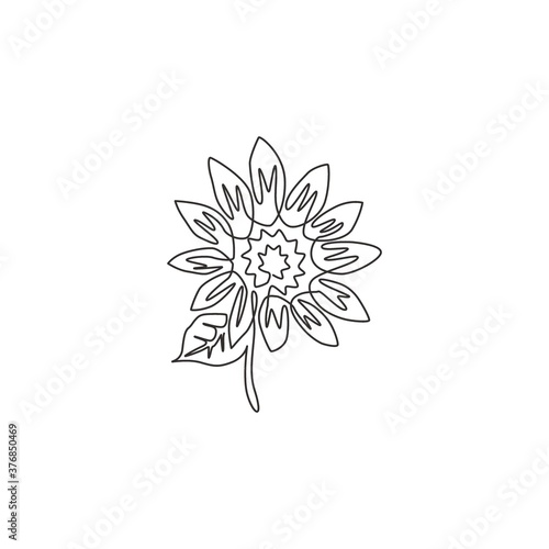 One single line drawing of beauty fresh sunflower for park logo. Printable poster decorative helianthus season flower concept for wall home decor art. Continuous line draw design vector illustration