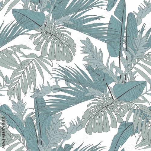 Vintage blue green line seamless pattern with sketchy tropical palm foliage. Hand drawn illustration on white background.