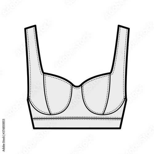 Jewel cropped bustier top technical fashion illustration with wide shoulder strap, flattering curved molded cups, close fit. Flat apparel template front, grey color. Women men unisex shirt CAD mockup