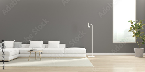 Fototapeta Naklejka Na Ścianę i Meble -  3d render of modern living room with sofa on wooden floor, Empty wall with large window on nature background.

