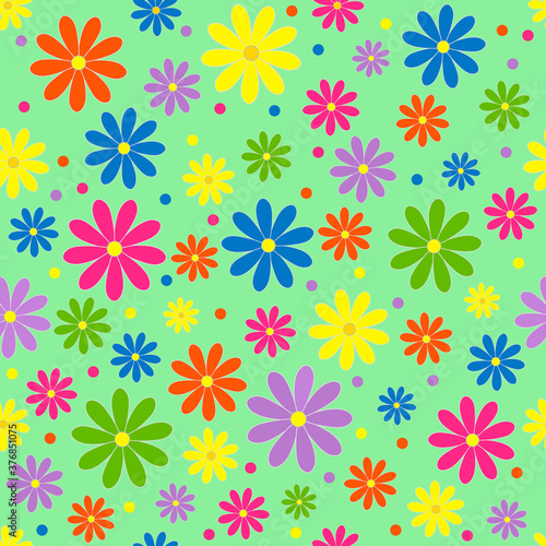 colorful seamless, pattern   flower on a green  background, vector illustration