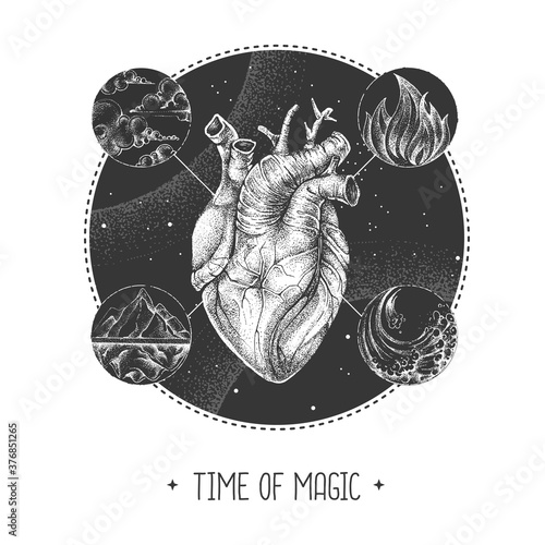 Modern magic witchcraft taros card with four elements and human heart on astrology background. Vector illustration