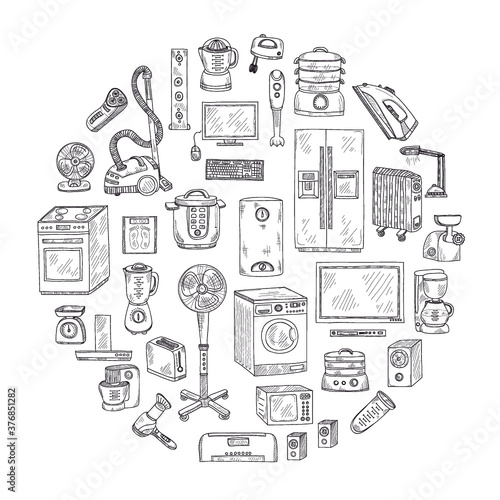 Round composition with cute hand drawn house appliances. Vector appliances collection