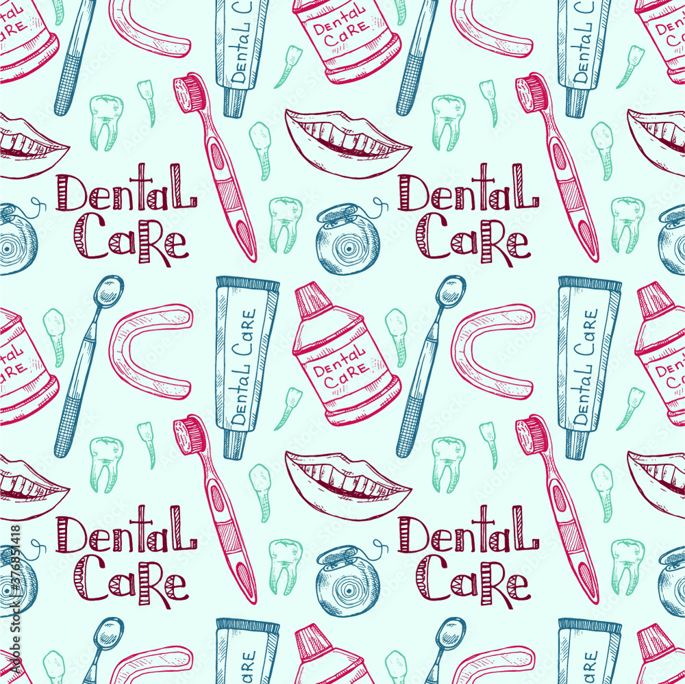Seamless pattern with dental care tools. Vector hand drawn dental collection