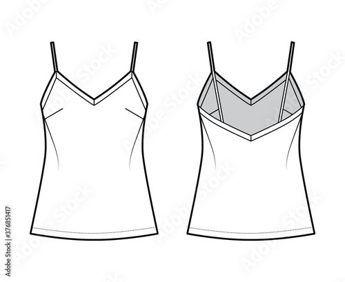 Camisole technical fashion illustration with V-neck, spaghetti straps, relaxed fit, tunic length. Flat outwear tank apparel template front, back, white color. Women, men unisex shirt top CAD mockup