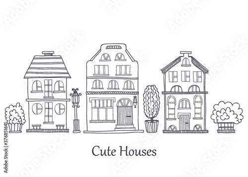 Card template with cute hand drawn houses. Vector city street collection