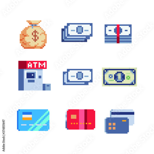 Money, Pixel art business icons set. ATM, credit card, banknote and an open safe. Gold bullion and dollar sign. Isolated vector illustration. 8-bit sprite.