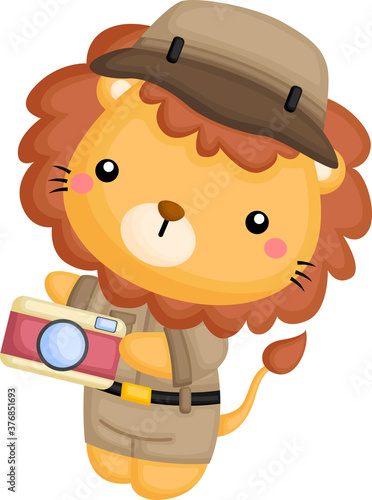 a cute lion in a safari ranger costume  