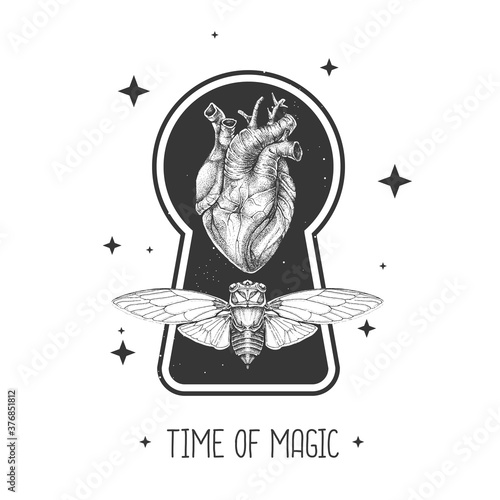 Magic witchcraft keyhole silhouette with butterfly and human heart on outer space background. Vector illustration