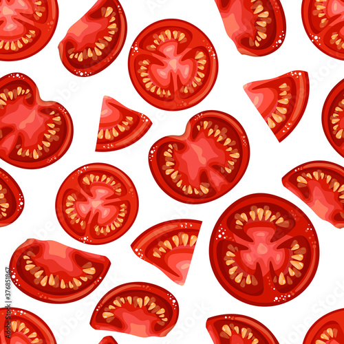 Seamless pattern of red tomatoes, tomato slices on a white background