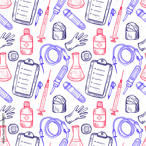 Seamless pattern with cute hand drawn medical icons. Vector medical collection
