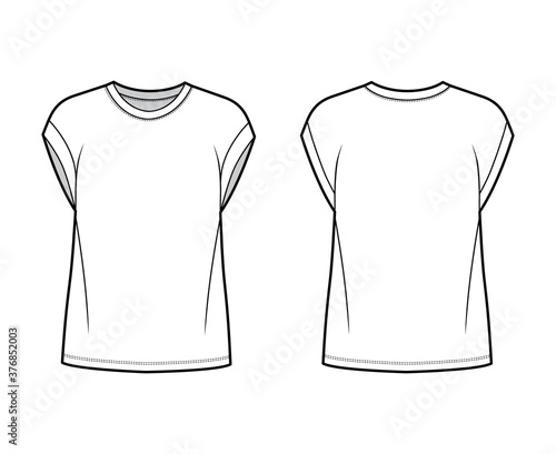 Boyfriend cotton-jersey T-shirt technical fashion illustration with classic crew neckline, short cap sleeves, oversized. Flat apparel template front back white color. Women men, unisex top CAD mockup
