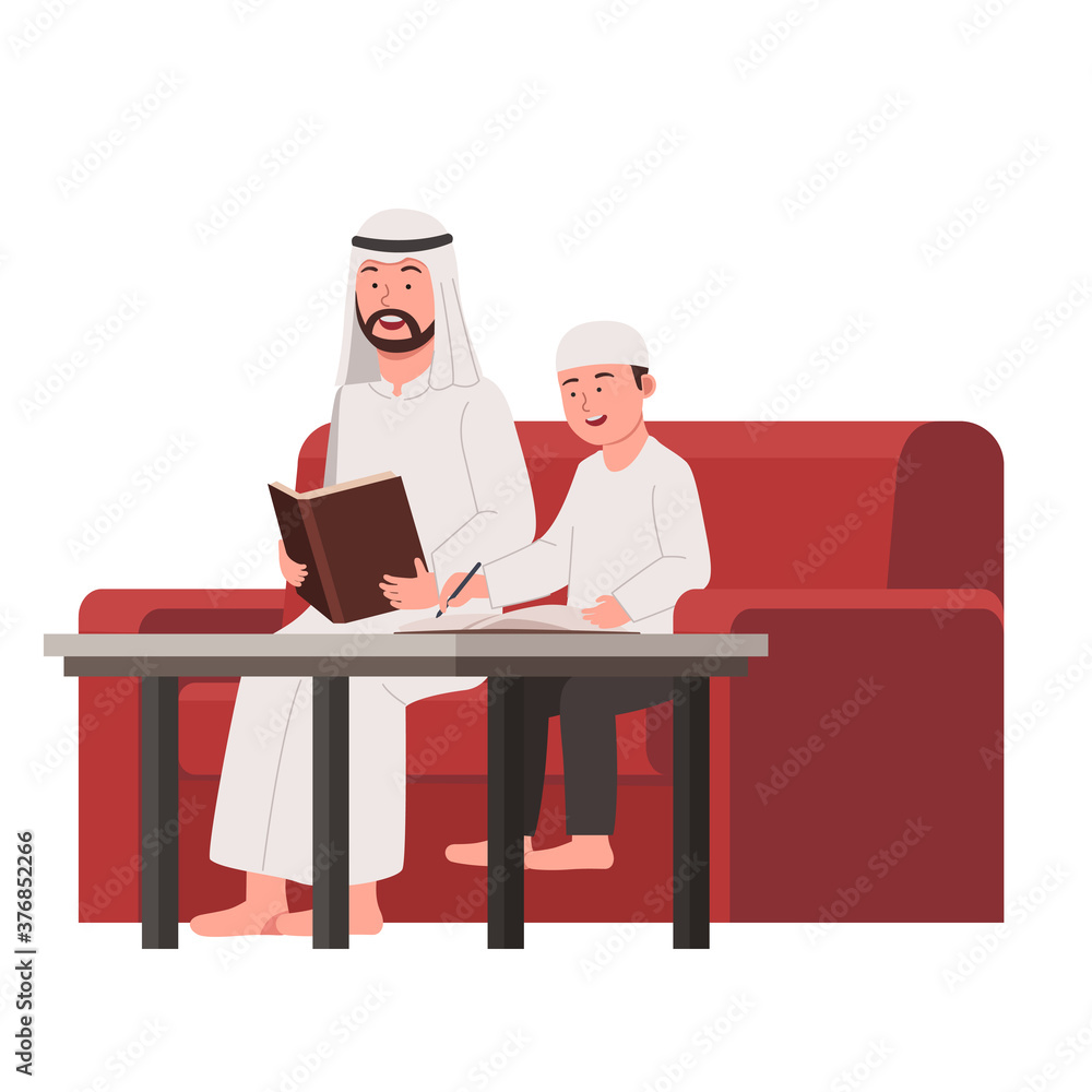 Arabian Father Teach His Son Study in Home Flat Cartoon