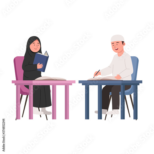 Arabian Kids Study Together Flat Cartoon Illustration