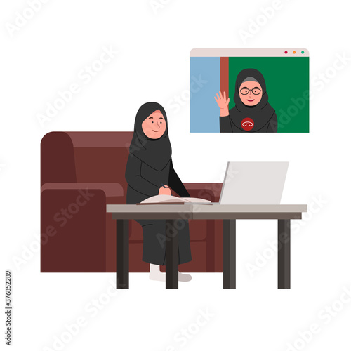 Arabian Little Girl Online Class Study in Home With Teacher on Video Call