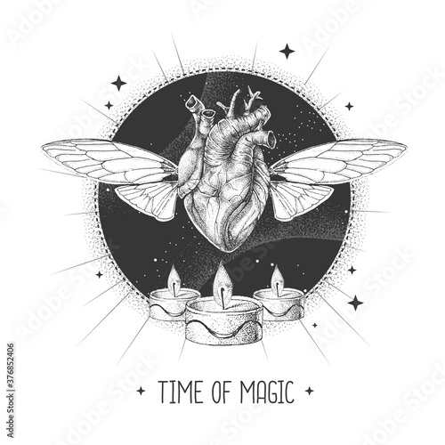 Modern magic witchcraft taros card with human heart with wings  and burning candles on astrology background. Vector illustration