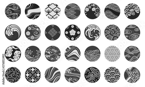 Japanese emblem and symbol round shape vector illustration.Water sea ocean wave, chinese cloud and wind,sakura,textiles,porcelain,traditional vintage style.