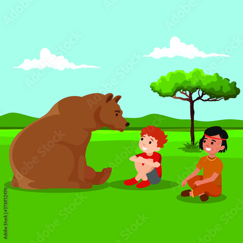 Wild bear playing with kids.red hair and indian kid
