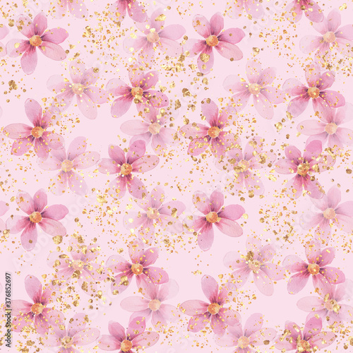 Pink watercolor flowers seamless pattern. Delicate floral background with glitter
