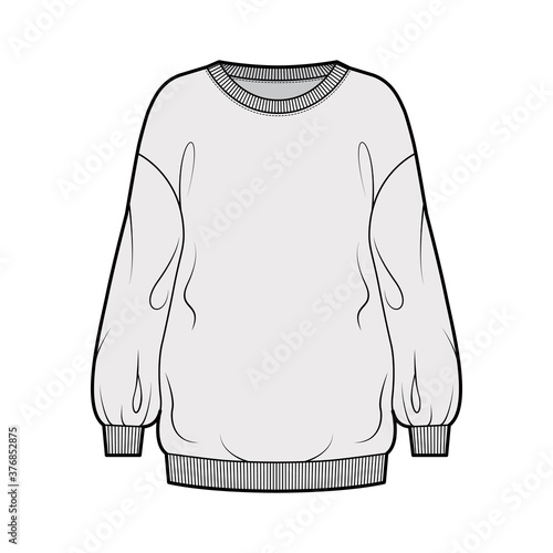 Cotton-terry slouchy oversized sweatshirt technical fashion illustration with loose relaxed fit, crew neckline, long sleeves. Flat jumper apparel template front, grey color. Women, men, unisex top CAD