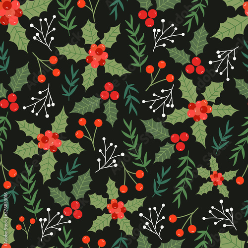 Christmas seamless pattern on dark background with Pine tree.Holiday background.