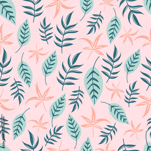 Modern tropical seamless pattern with green and pink leaves.
