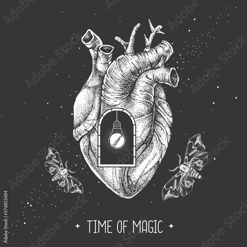 Modern magic witchcraft card with realistic human heart and window silhouette inside on outer space background. Vector illustration