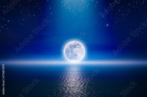 Canvastavla Starry night sky with full moon rising above serene sea
