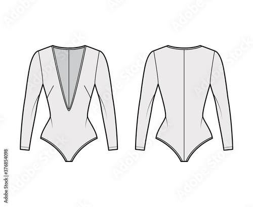 Stretch-jersey bodysuit technical fashion illustration with plunging V-neck, long sleeves, back zip fastening. Flat one-piece apparel template front, back grey color. Women unisex swimsuit CAD mockup