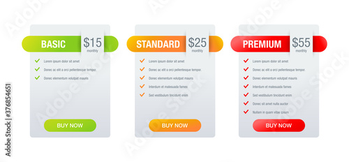 Tariff comparsion tables - web UI template - Basic, Standard, Premium tariffs - three columns with options in different colors - isolated vector infographics
