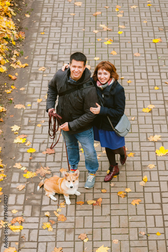 Happy couple playing with Corgi dog in sunny autumn park. Man and woman having fun outdoors with pet.