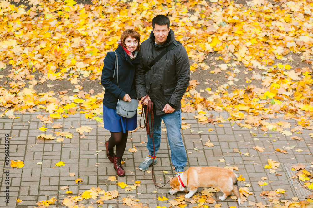 Happy couple playing with Corgi dog in sunny autumn park. Man and woman having fun outdoors with pet.