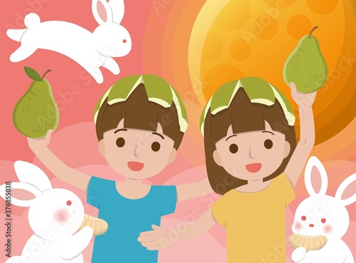 Cute children have a happy Mid-Autumn Festival with the rabbit