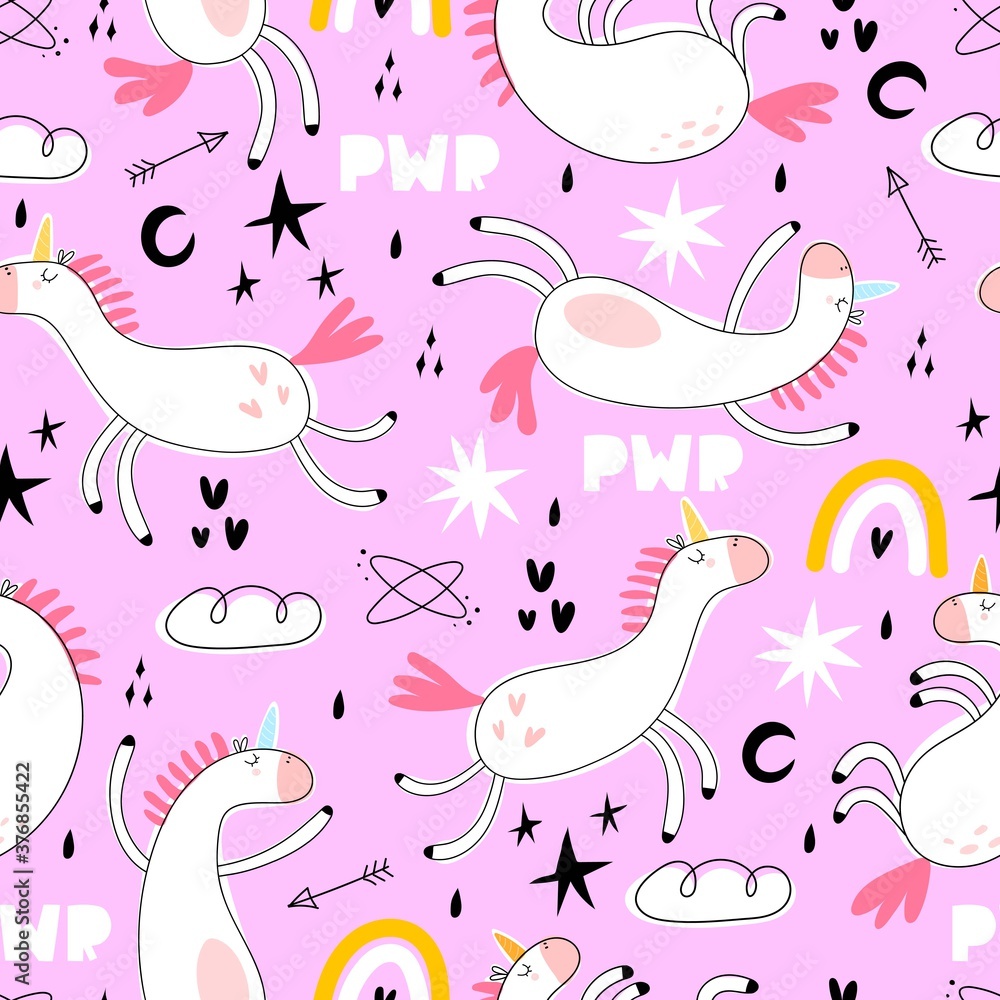 seamless pattern with cartoon unicorns, rainbows, clouds, decor elements on a neutral background. Magic. Colorful vector flat style for kids. Animals. hand drawing. baby design for fabric, print, wrap
