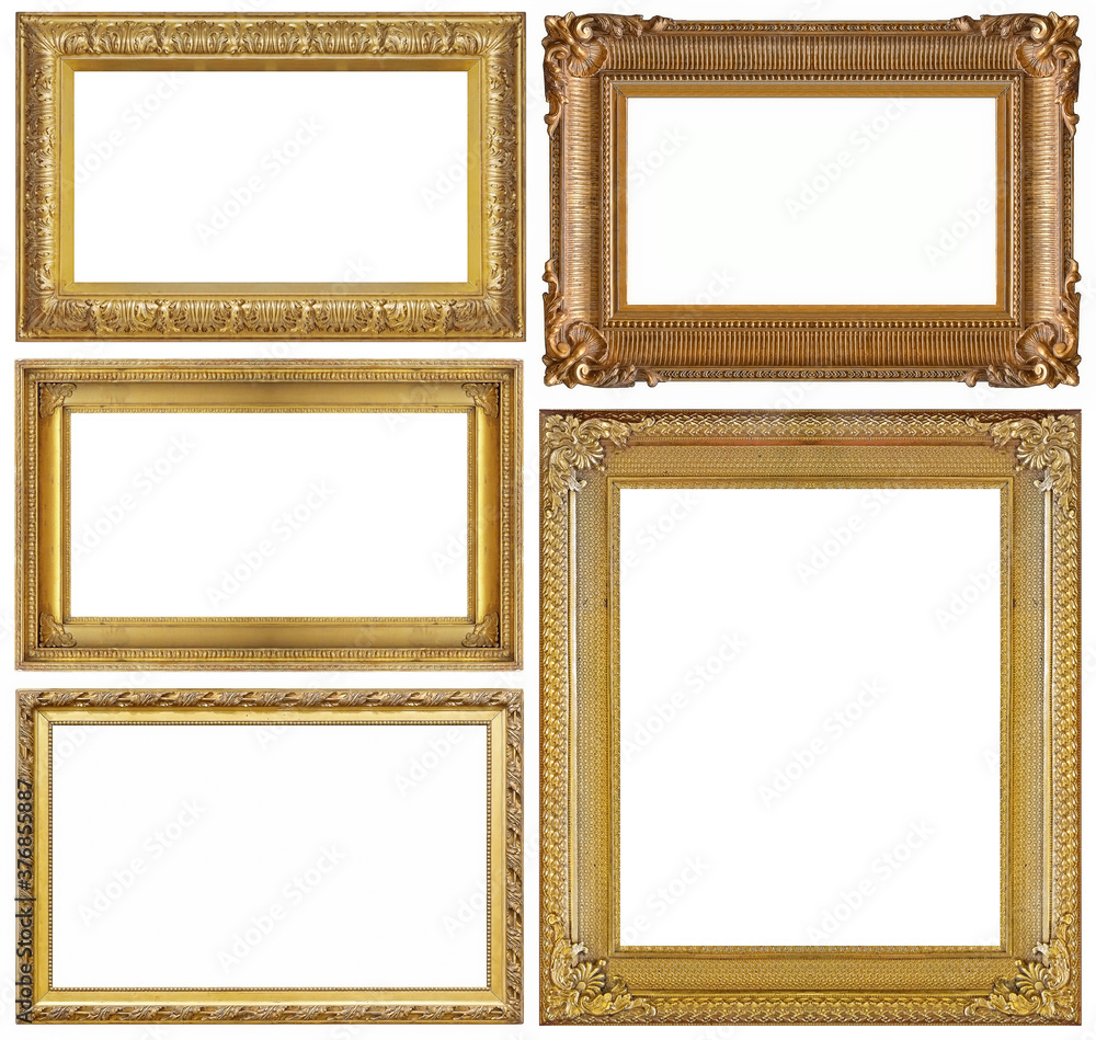 Set of golden frames for paintings, mirrors or photo isolated on white background Set of golden frames for paintings, mirrors or photo isolated on white background
